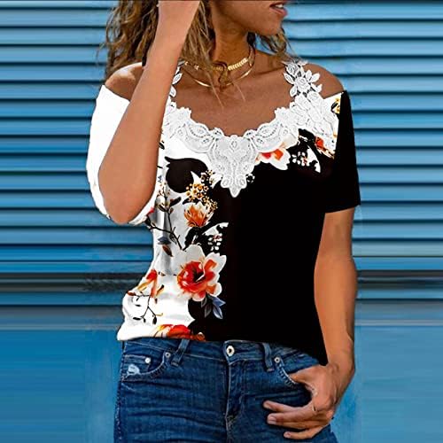 Sa ramena za žene seksi čipkaste v vratne košulje remen kratke rukave bluze modni cvetni Print Tees tunika