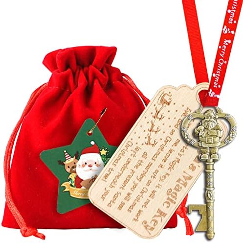 Božić Santa ključni ukras, Santas Magic ključ za bez dimnjaka kuće, Santa ključ sa drvenom gravirana drvena oznaka i crvena torba