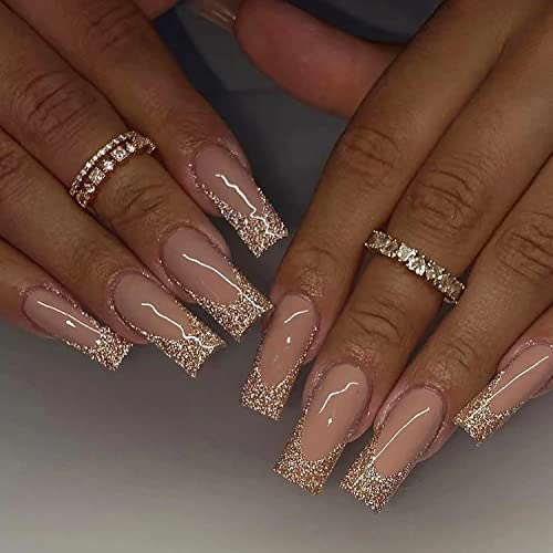 24kom pritisnite na noktima dugi kovčeg lažni nokti francuski lepak na noktima puni poklopac lažni nokti sa zlatnim sjajnim dizajnom akril Nude Pink Stick na noktima za žene dekoracije za nokte