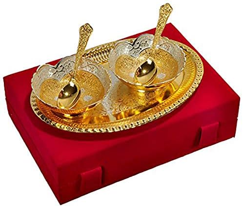Srebro i pozlaćeno mesingane posude za Diwali poklon_decoration_set od 2 Indijski kolekcionarski