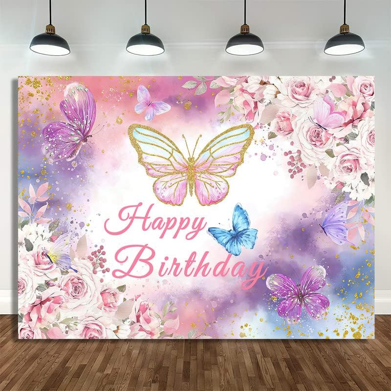 Sretan rođendan pozadina ružičaste leptir za djevojčice rođendanska zabava ukrasi, ružičasti rođendan banner djevojke rođendan rođendanske