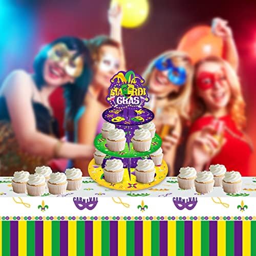 Mardi Gras Cupcake stalak, 3 slojna kartona zaslon od kartona CupCakes nosač tornja Candy Cookie ladica za proljetni odmor New Orleans