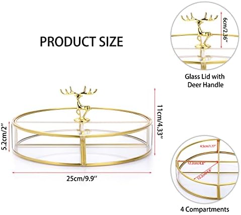 Elldoo Gold okrugli stakleni bombonski kutija, vintage Clear Glass Poklon kutija sa 4 rešetka i ručice jelena za ormar za šminku Organizator