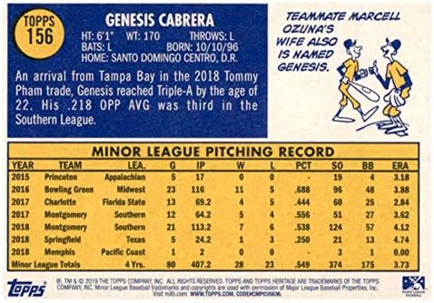 2019 TOPPS baštinski maloljetnici 156 Genesis Cabrera RC Rookie Memphis Redbirds Baseball Trgovačka kartica