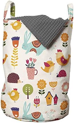 Ambesonne šarena torba za veš, seoska poljoprivredna tema sa malom Zečicom piletinom i cvećem u saksijama, korpa za korpe sa ručkama