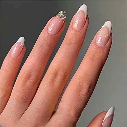 Badem lažni nokti kratki oštri Full Cover ljepilo uključeno francuski bijeli Smile Edge Press na noktima 24 komada Nail Art savjet