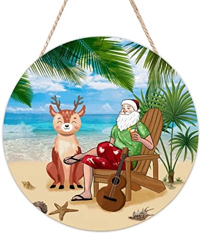 Cheyan Drveni znak Santa Claus na plaži Wood Natpiši za ukrašavanje ulaznim vratima Palm Tree Viseći seoski kuća Otvoreni dekor okruglo