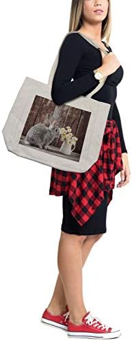 Ambesonne torba za kupovinu Uskršnjeg zeca, mali zec u boji dima sa Tratinčicama Rustikalna drvena pozadinska fotografija, ekološka