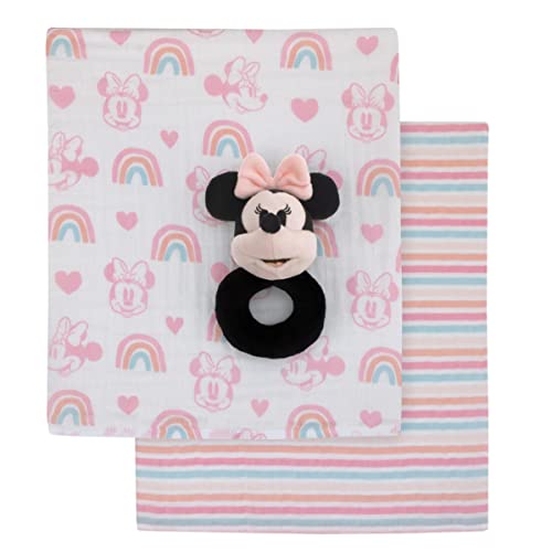 Disney Minnie Mouse White, Pink i Aqua 2PK pamuk 44 x 44 Muslin swadles sa plišanom zveckom