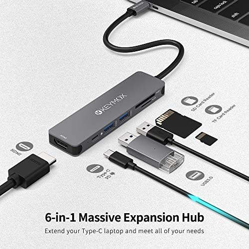 USB C Hub Multiport Adapter - KEYMOX 6 u 1 USB C Dongle sa 2 USB-a, 100W PD punjenje, 4k HDMI, čitač SD/TF kartica kompatibilan sa