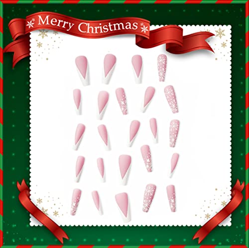RODAKY Pink Božić lažni kovčeg nokti bijeli V oblik mat štap na noktima sa pahuljicom dizajn akril Nail DIY Božić Nail Art umjetni prst ukras za žene i djevojčice