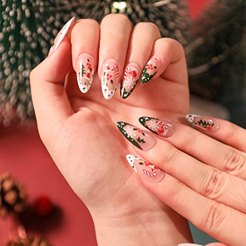 24kom Božić badem šiljatim lažni nokti sjajna kratka presa na noktima Full Cover nokti francuski bijeli i zeleni kontrast za žene