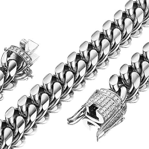 Jxlepe Mens Miami Kubanski lanac bijela ogrlica od nehrđajućeg čelika od 15 mm sa ogrlicom od dijamantskog lanca CZ