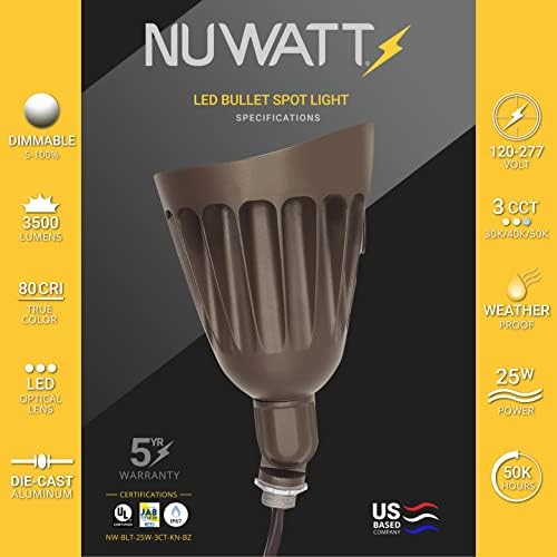 NUWATT 25W LED Bullet Spotlight Flood Light sa 3cct prekidačem & Knuckle Mount 120-277V Commercial Outdoor Weatherproof Landscape