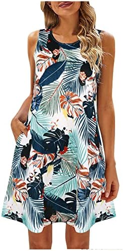 FEHLEGD ženske Casual Sleeveless Crew Sundress cvjetni print Tank haljine A-Line Mini kratka majica haljina sa džepovima