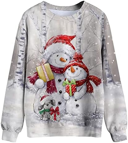 Ružni Božićni džemper za žene smiješni slatki snjegović Print dugi rukavi majice Novelty X-mas Crewneck duksevi