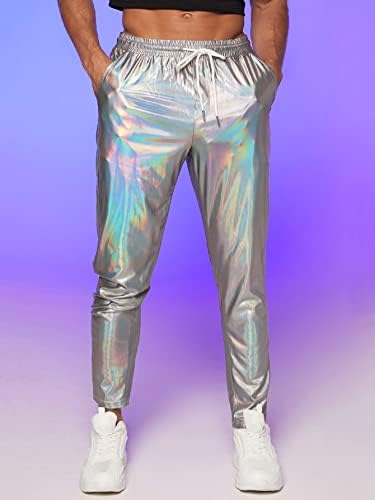 GORGLITTER muške metalik Holografske sužene pantalone sa vezicama sa kosim džepovima sa strukom duge pantalone