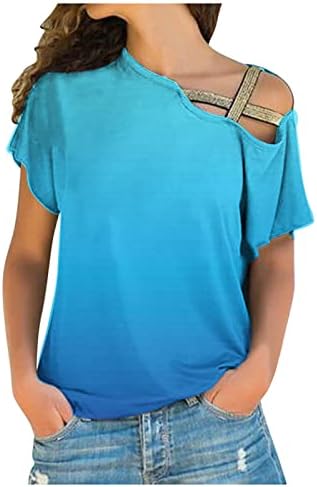 Ženski vrhovi Nepravilni izrez hladnog ramena Criss Cross Sequin remen za bluzu Ljetni modni kratki rukovi Tunti