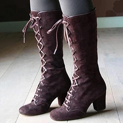 Masbird čizme za žene Ženske koljena High Boots Chunky niska peta Čipka za jahanje Kaubojske čizme