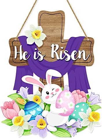Uskršnji znak je porastao je, Uskršnji križ drveni viseći ukrasi, uskršnji zidni vješalica cvjetni proljetni dekor za ulazna vrata