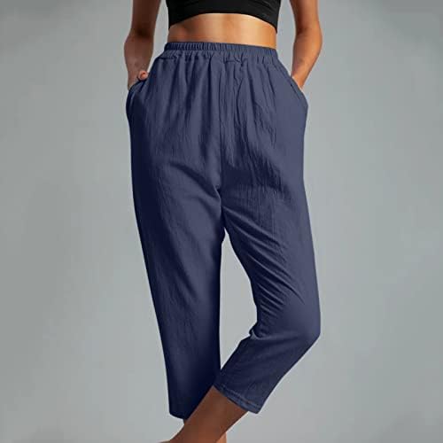 Ravne kaprione hlače za žene pamučne posteljine elastične struke salonske pantalone ležerne tastere sa čvrstim bojama obrezane hlače