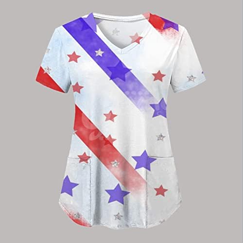 4. jula majice za žene USA Flag letnje kratke rukave v majice sa izrezom sa 2 džepovima bluza Top Holiday Casual Workwear