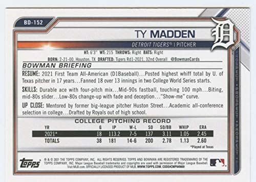 2021 Bowman Nacrt BD-152 Ty Madden Rc Rookie Detroit Tigers MLB bejzbol trgovačka kartica