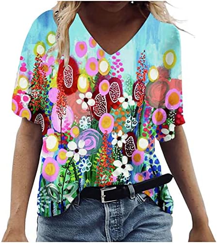 Prevelika ljetna majica za žene šarene cvjetne tiskane bluze V vrat kratkih rukava sakrivanje trbuh Tuntic vrhovi