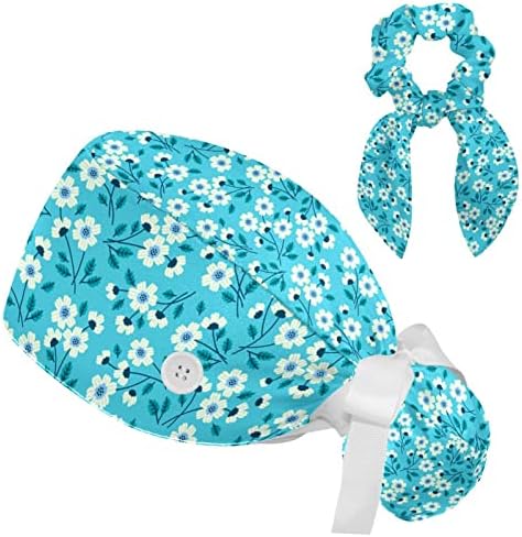 Plava mini cvjetna bouffana kapa sa gumbom Ponytail torbica, pamučni radni šešir Duks, podesivi hirurški kape