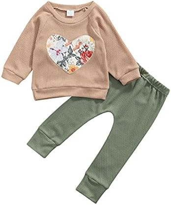 XiaOdriceee Toddler Baby Girl Jesen Zimska odjeća Dugih rukava Srce Majica TOP + Cvjetni duge hlače 2pcs Valentines Day Outfits