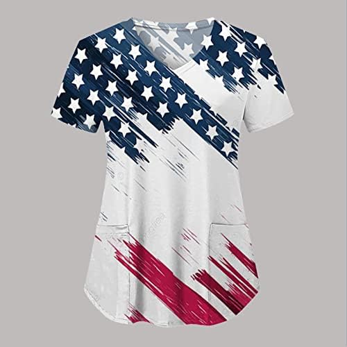 Vrhovi zastave SAD za žene 4. jula ljetna kratka rukava V-izrez majica sa 2 džepa bluze praznična Ležerna radna odjeća