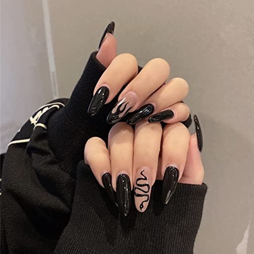 24 kom crni lažni nokti presa na noktima francuski lažni nokti medij sa dizajnom plamena zmija, nokti za žene djevojke, Nokti za Nail