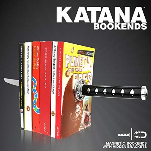 Zwcibn book Ends dekorativno, moderni metalni smiješni jedinstveni Crni DVD Bookends za police, Katana Book Stopper Holder za kancelarijski