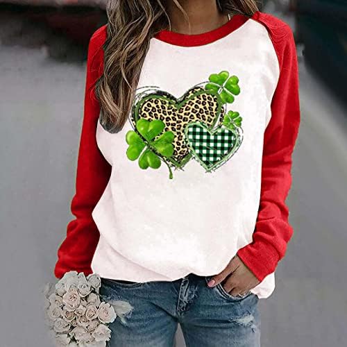 Dan St. Patricka Shamrock Ženska majica Leopard Plaid Heart Print Dugi rukavi Raglan vrhovi Casual Baseball TEE majica