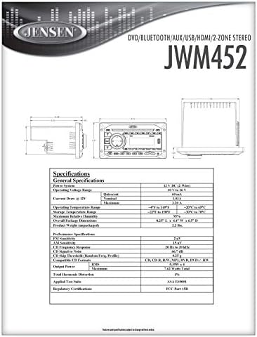 Jensen JWM452 Zone 2 zvučnika | BT | AUX | USB Bluetooth zidni stereo, prednja USB W / MP3 reprodukcija, DVD / CD-R / RW utor i MP3 kompatibilan, prednji AUX A / V ulaz, Daljinski upravljač uključen