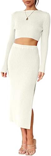 ANRABESS Ženska odjeća od 2 komada haljina Dugi rukav Crop džemper Top & amp; rebrasti Midi Bodycon set suknji
