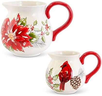 K & amp;K Interiors 54388i Set od 2 keramička kardinala/Poinsettia bacači w ručka, crvena i bijela