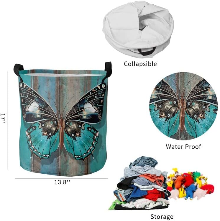 WPYYI drvena tekstura tirkizna leptir korpa za prljav veš sklopiva korpa za kućne organizatore Odjeća odjeća za dječje igračke korpa za odlaganje