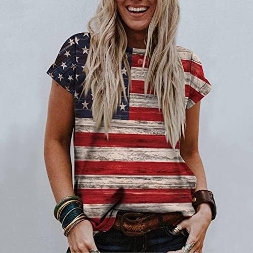 Amikadom majice kratkih rukava za teen Girl Fall Ljetni Crewneck USA Flag Star Print Brunch Striped bluza Tees Žene 2023