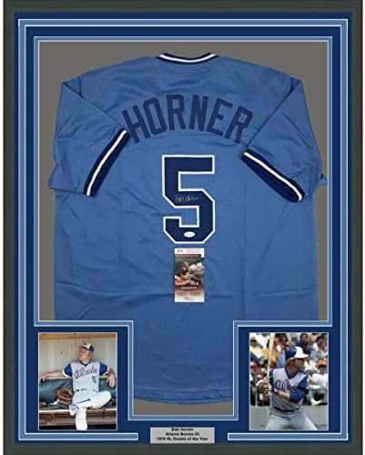 Uokvireni autografirani / potpisan Bob Horner 33x42 Atlanta Light Blue Baseball Jersey JSA COA