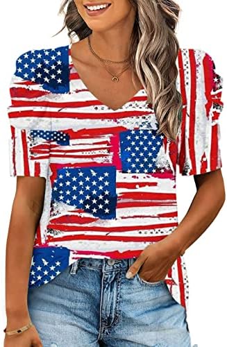 Patriotske košulje za žene Dan nezavisnosti vrhovi puff kratkih rukava V izrez TEE bluze casual američke zastave majice