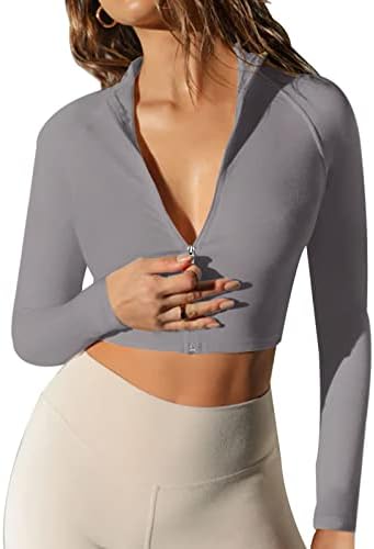 Laslulu Womens patentna vježba Vrhunska bešavna rebra s dugim rukavima Yoga atletska košulja s kojom se obreže zvezni zvezni masmiri