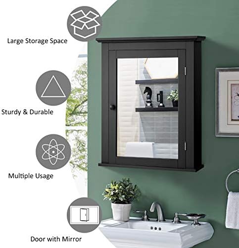 Tangkula kupaonski ormar sa ogledalom, Zrcalni zidni ormarić za odlaganje lijekova s jednim vratima & amp; Podesiva polica u 5 Pozicija