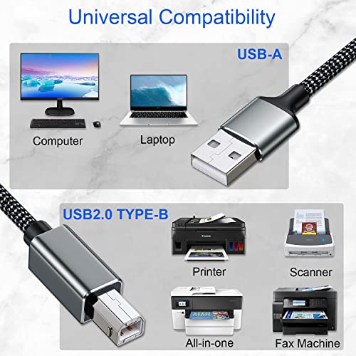 Naukay USB kabl, kabl za štampač, 6.6 ft USB 2.0 najlonski pleteni kabl za štampač Tip A muški na B muški kabl za skener velike brzine