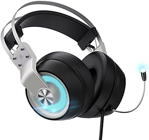 Gaming slušalice za PS5 PC Xbox One Switch Mac PS4 slušalice sa 7,1 Onowund Sound, preko ušim za igre za igru ​​sa mikrofonom od buke, 3,5 mm USB priključak sa bijelim LED svjetlom, srebrom