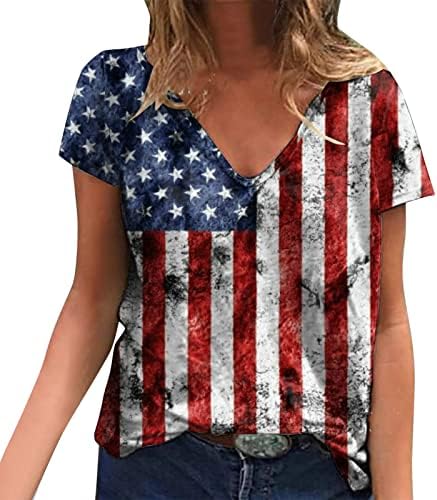 4th of July Shirts for Women Summer Casual američka zastava Tshirt kratki rukav V izrez Stripes Tie-Dye Patriotska bluza Top