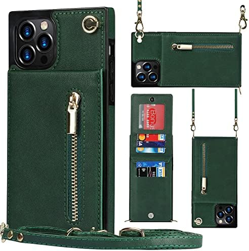 XYX novčanik za iPhone 12 Pro, poprečni remen PU kožni patentni zatvarač džep futrola za žene s držačem kartice Podesiva vrpca za iPhone 12 Pro, zelena
