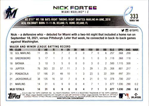 2022 TOPPS 333 Nick Fortes RC Rookie Miami Marlins Series 2 MLB bejzbol trgovačka kartica